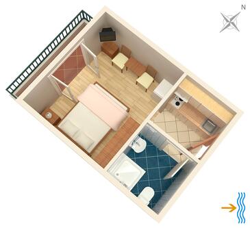 Pokrivenik, plattegrond in the studio-apartment, (pet friendly) en WiFi.