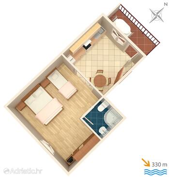 Marina, plattegrond in the studio-apartment, (pet friendly) en WiFi.