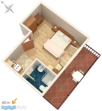 Plan Jelsa, Plan in the studio-apartment, dopusteni kucni ljubimci i WIFI.