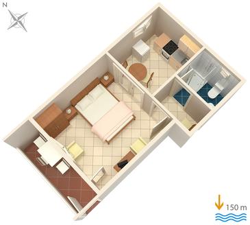 Načrt Hvar, Načrt v nastanitvi vrste studio-apartment, Hišni ljubljenčki dovoljeni in WiFi.
