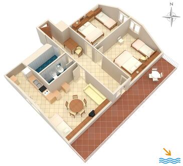 Prigradica, Nacrt u smještaju tipa apartment, kućni ljubimci dozvoljeni i WiFi.