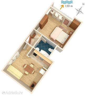 Mali Lošinj, Půdorys v ubytování typu apartment, domácí mazlíčci povoleni a WiFi.