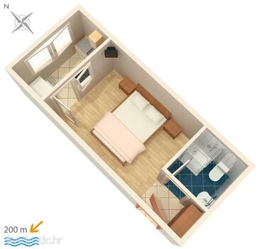 Podaca, plattegrond in the studio-apartment, WiFi.