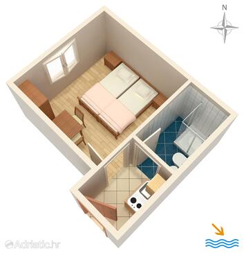 Orij, plattegrond in the studio-apartment, (pet friendly) en WiFi.