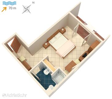 Vinjerac, plattegrond in the studio-apartment, (pet friendly) en WiFi.