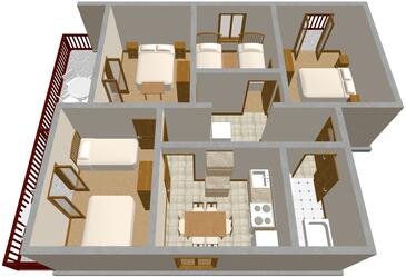 Kraj, Pôdorys v ubytovacej jednotke apartment, domáci miláčikovia povolení a WiFi.