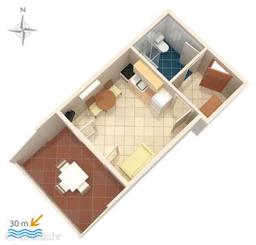 Kustići, plattegrond in the studio-apartment, (pet friendly) en WiFi.