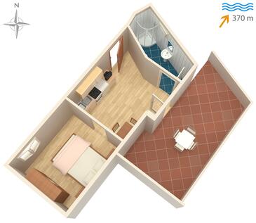 Sali, plattegrond in the studio-apartment, (pet friendly) en WiFi.