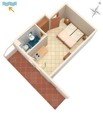 Žuljana, plattegrond in the studio-apartment, (pet friendly) en WiFi.