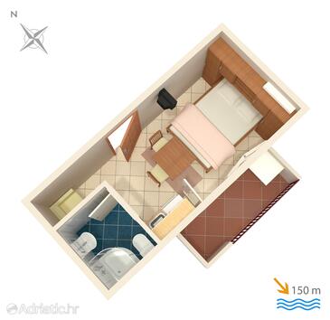 Plan Duće, Plan in the studio-apartment, dopusteni kucni ljubimci i WIFI.