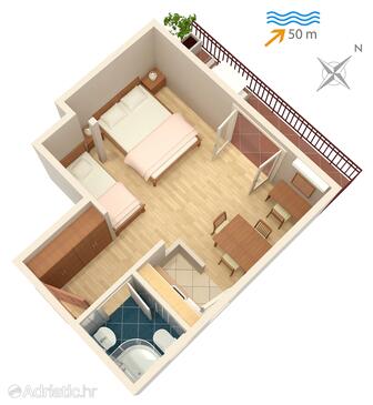 Plan Saplunara, Plan in the studio-apartment, dopusteni kucni ljubimci i WIFI.