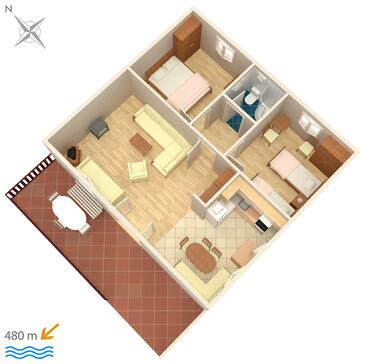 Njivice, plattegrond in the apartment, (pet friendly) en WiFi.