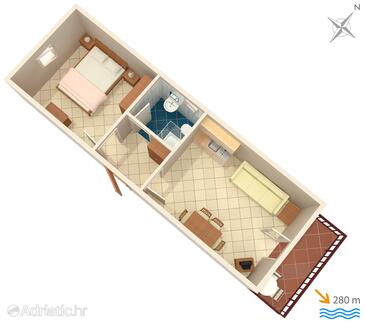 Marina, plattegrond in the apartment, (pet friendly) en WiFi.