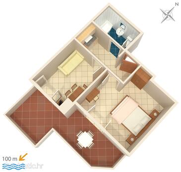 Brela, Půdorys v ubytování typu apartment, domácí mazlíčci povoleni a WiFi.