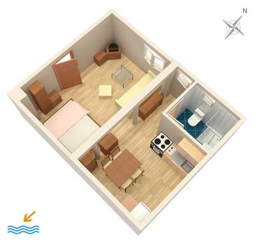 Půdorys Split, Půdorys v ubytování typu studio-apartment, WiFi.